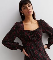 New Look Black Ditsy Floral Square Neck Long Sleeve Mini Dress